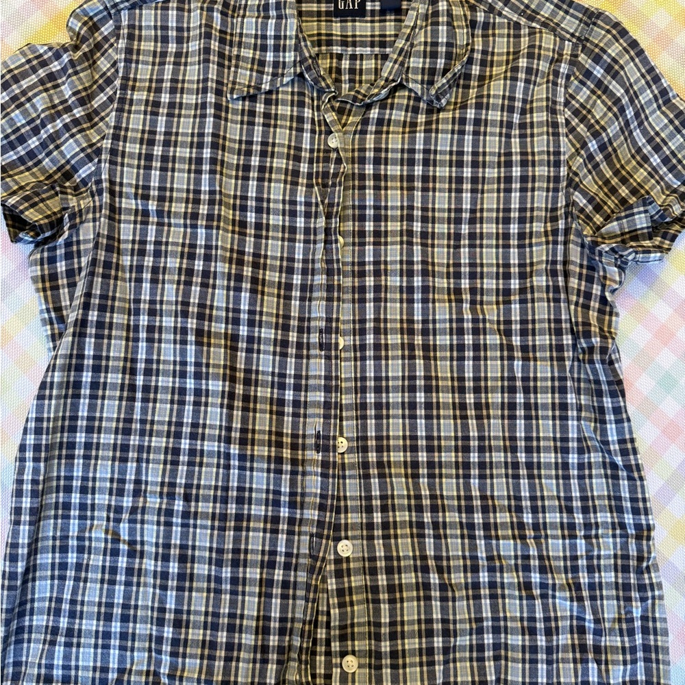 GAP Women's Blue and White Plaid Button-Down Shirt